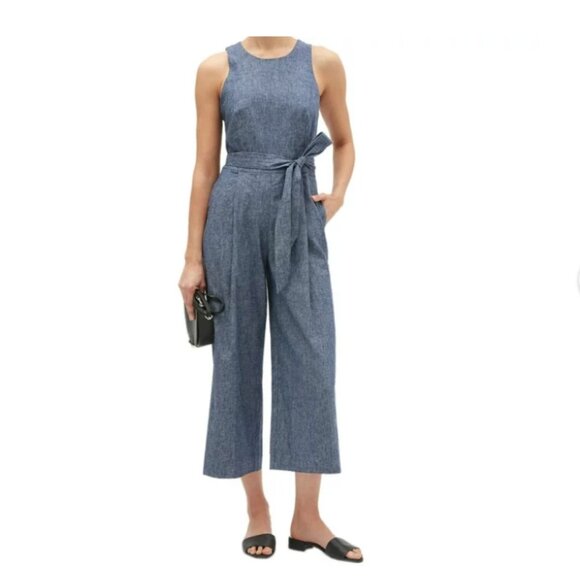 Banana Republic Chambray Blue Linen Blend Tie Waist Jumpsuit - Picture 1 of 10